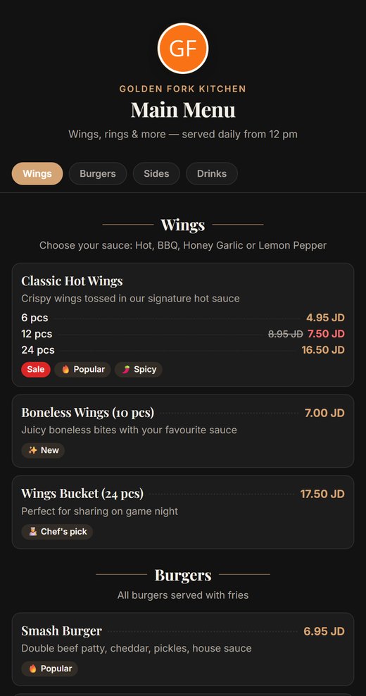 A digital menu on a phone