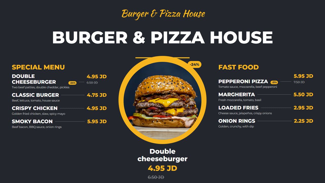 A burger menu board shown on a TV